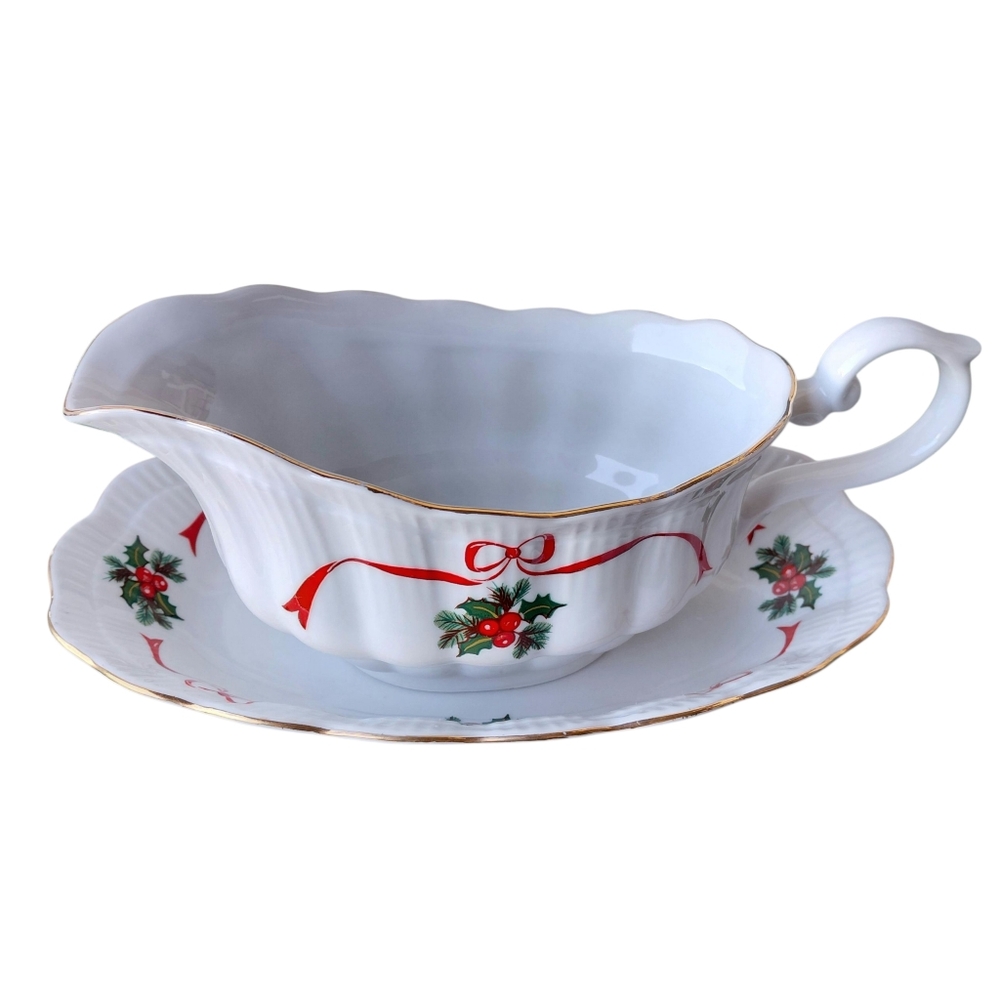 Vintage Walbrzych Holiday Ribbon Gravy Boat with Saucer
